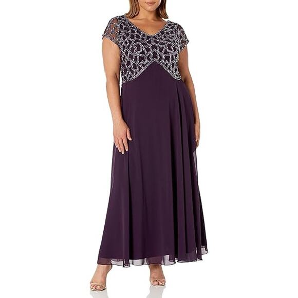 NEW J Kara Women's 14 W Sort Sleeve Geo Long Beaded Formal Gown Plum Purple - Picture 1 of 12